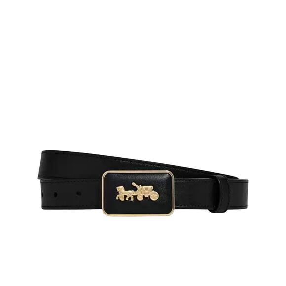 COACH WOMEN'S XL BLACK LEATHER BELT & GOLD GRACE PLAQUE BUCKLE 25 MM NEW - Picture 1 of 2